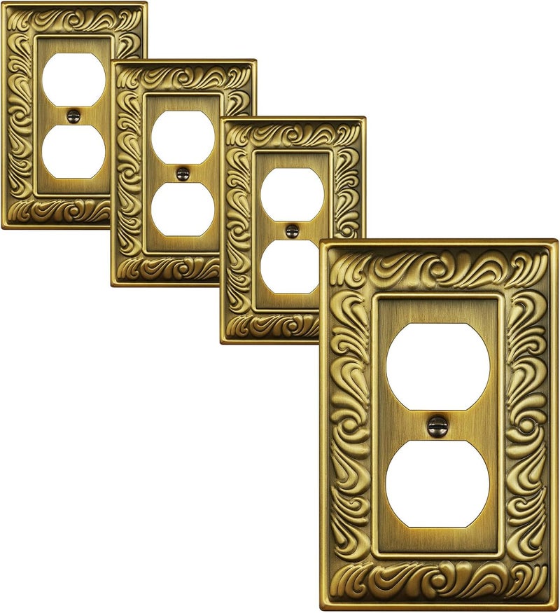 treewell 4-Pack Duplex Outlet Cover Plate, Paisley Pattern Antique Brass Metal Wall Plates for Electrical Outlets, 1 Gang Receptacle Cover, Decorative Switch Plates and Outlet Covers - Image 1